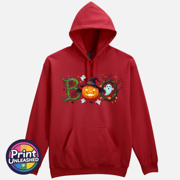 Halloween BOO design with tangled vines, a witch-hat pumpkin, ghosts and a spooky tree printed on a softstyle hoodie cardinal red - Print Unleashed