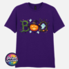 Halloween BOO design with tangled vines, a witch-hat pumpkin, ghosts and a spooky tree printed on a unisex T-shirt dark purple - Print Unleashed