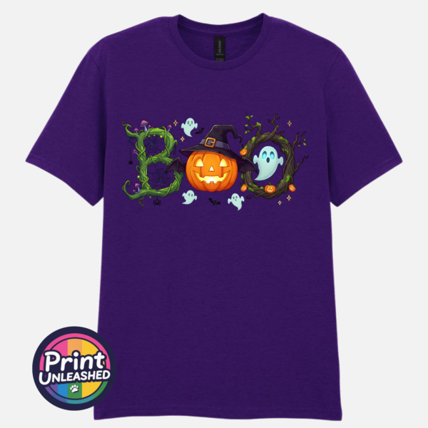Halloween BOO design with tangled vines, a witch-hat pumpkin, ghosts and a spooky tree printed on a unisex T-shirt dark purple - Print Unleashed
