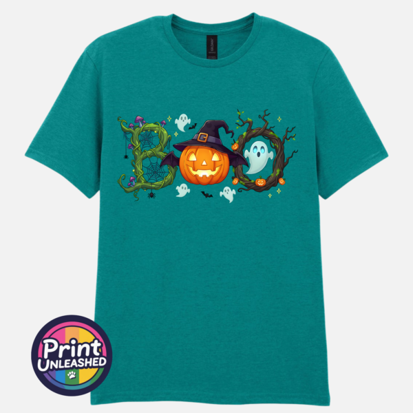 Halloween BOO design with tangled vines, a witch-hat pumpkin, ghosts and a spooky tree printed on a jade unisex T-shirt - Print Unleashed