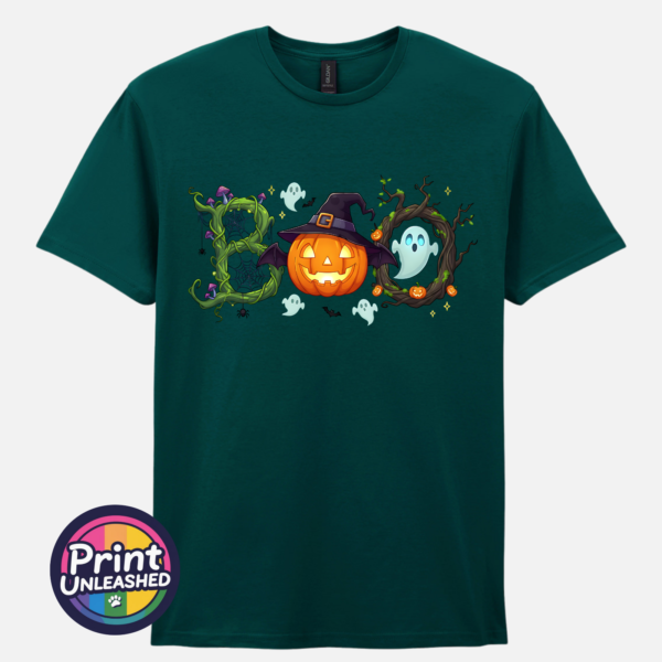 Halloween BOO design with tangled vines, a witch-hat pumpkin, ghosts and a spooky tree printed on a marine green unisex T-shirt - Print Unleashed
