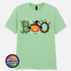 Halloween BOO design with tangled vines, a witch-hat pumpkin, ghosts and a spooky tree printed on a mint unisex T-shirt - Print Unleashed