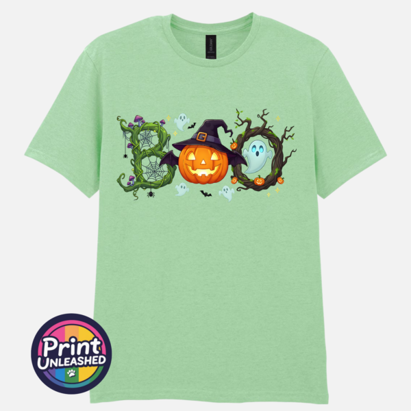 Halloween BOO design with tangled vines, a witch-hat pumpkin, ghosts and a spooky tree printed on a mint unisex T-shirt - Print Unleashed
