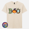 Halloween BOO design with tangled vines, a witch-hat pumpkin, ghosts and a spooky tree printed on a unisex T-shirt natural - Print Unleashed