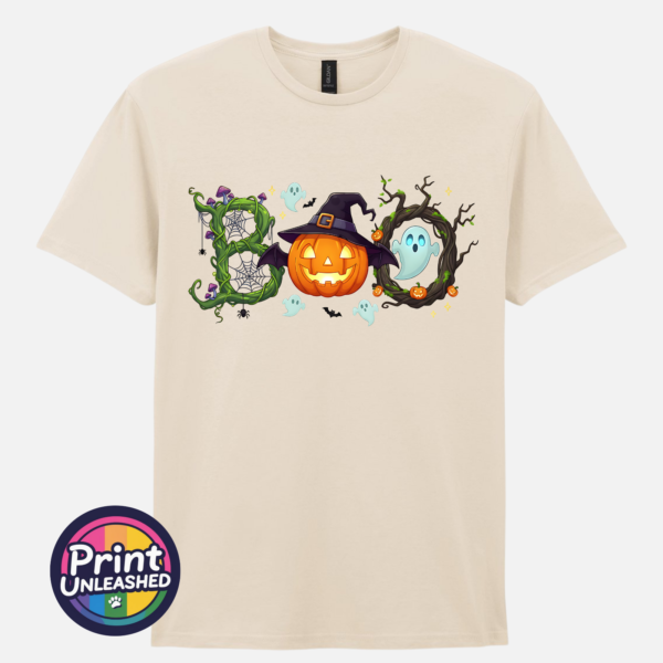 Halloween BOO design with tangled vines, a witch-hat pumpkin, ghosts and a spooky tree printed on a unisex T-shirt natural - Print Unleashed