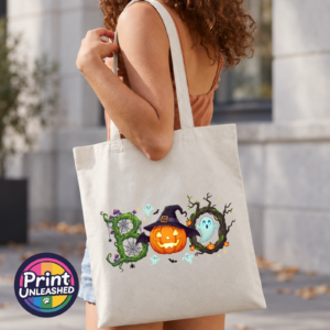Boo natural model Halloween BOO design with tangled vines, a witch-hat pumpkin, ghosts and a spooky tree printed on a tote bag in natural model image - Print Unleashed