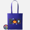 Halloween BOO design with tangled vines, a witch-hat pumpkin, ghosts and a spooky tree printed on a purple tote bag - Print Unleashed