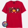 Halloween BOO design with tangled vines, a witch-hat pumpkin, ghosts and a spooky tree printed on a red unisex T-shirt - Print Unleashed