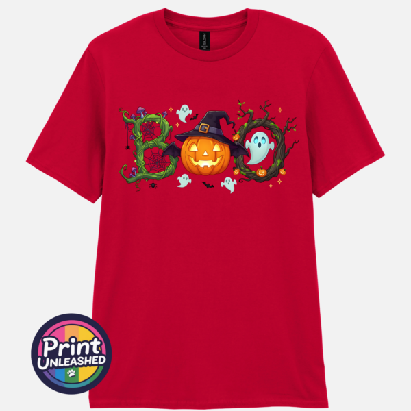 Halloween BOO design with tangled vines, a witch-hat pumpkin, ghosts and a spooky tree printed on a red unisex T-shirt - Print Unleashed