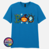 Halloween BOO design with tangled vines, a witch-hat pumpkin, ghosts and a spooky tree printed on a sapphire unisex T-shirt - Print Unleashed