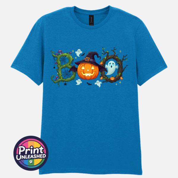 Halloween BOO design with tangled vines, a witch-hat pumpkin, ghosts and a spooky tree printed on a sapphire unisex T-shirt - Print Unleashed