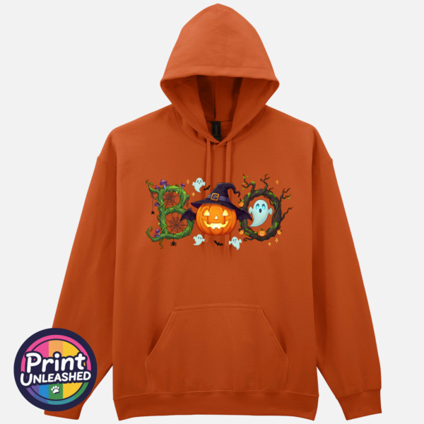 Halloween BOO design with tangled vines, a witch-hat pumpkin, ghosts and a spooky tree printed on a softstyle hoodie in texas orange - Print Unleashed
