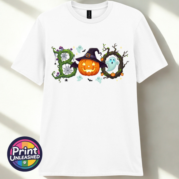 Halloween BOO design with tangled vines, a witch-hat pumpkin, ghosts and a spooky tree printed on a white unisex T-shirt - Print Unleashed