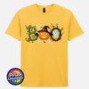 Halloween BOO design with tangled vines, a witch-hat pumpkin, ghosts and a spooky tree printed on a yellow unisex T-shirt - Print Unleashed