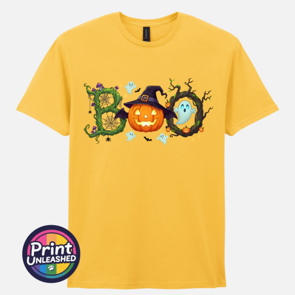 Halloween BOO design with tangled vines, a witch-hat pumpkin, ghosts and a spooky tree printed on a yellow unisex T-shirt - Print Unleashed