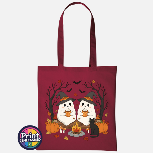 Camping Ghosts deep red Two ghosts in witch hats holding orange mugs beside a campfire, with a black cat, pumpkins and autumn trees, printed on a tote bag deep red - Print Unleashed