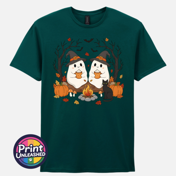 Camping Ghosts marine Two ghosts in witch hats holding orange mugs beside a campfire, with a black cat, pumpkins and autumn trees, printed on a unisex T-shirt marine green - Print Unleashed