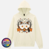 Two ghosts in witch hats holding orange mugs beside a campfire, with a black cat, pumpkins and autumn trees, printed on a softstyle hoodie off white - Print Unleashed