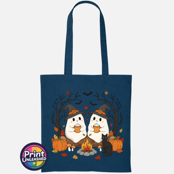 Camping Ghosts petrol Two ghosts in witch hats holding orange mugs beside a campfire, with a black cat, pumpkins and autumn trees, printed on a tote bag petrol - Print Unleashed
