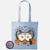 Two ghosts in witch hats holding orange mugs beside a campfire, with a black cat, pumpkins and autumn trees, printed on a tote bag sky - Print Unleashed