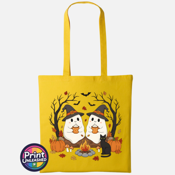 Camping Ghosts sunflower Two ghosts in witch hats holding orange mugs beside a campfire, with a black cat, pumpkins and autumn trees, printed on a tote bag sunflower - Print Unleashed