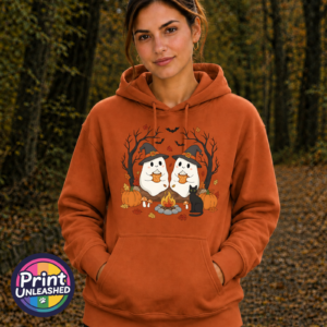 Camping Ghosts tex ora model Two ghosts in witch hats holding orange mugs beside a campfire, with a black cat, pumpkins and autumn trees, printed on a softstyle hoodie texas orange model - Print Unleashed