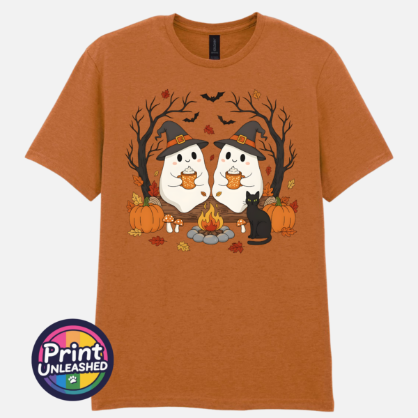 Camping Ghosts texas orange Two ghosts in witch hats holding orange mugs beside a campfire, with a black cat, pumpkins and autumn trees, printed on a unisex T-shirt texas orange - Print Unleashed