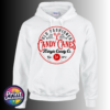 Vintage Kringle Candy Co. candy cane sign with ornate red lettering, crossed candy canes and a five-cent emblem, printed on a white unisex hoodie - Print Unleashed