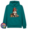 Classic Hoodie in pacific green featuring a Christmas gonk in a red snowflake hat holding hot chocolate piled with marshmallows, surrounded by gingerbread stars and holly - Print Unleashed