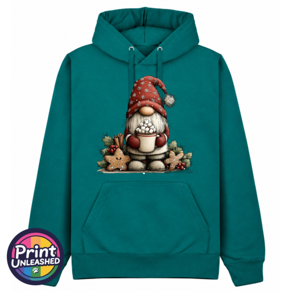 Classic Gonk Hot Choc pacific Classic Hoodie in pacific green featuring a Christmas gonk in a red snowflake hat holding hot chocolate piled with marshmallows, surrounded by gingerbread stars and holly - Print Unleashed