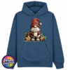 Classic Hoodie in petrol featuring a Christmas gonk in a red snowflake hat holding hot chocolate piled with marshmallows, surrounded by gingerbread stars and holly - Print Unleashed