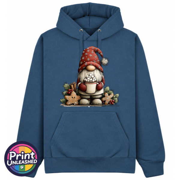 Classic Gonk Hot Choc petrol Classic Hoodie in petrol featuring a Christmas gonk in a red snowflake hat holding hot chocolate piled with marshmallows, surrounded by gingerbread stars and holly - Print Unleashed