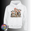 Three wide-eyed Christmas cows tangled in colourful lights, one wearing a Santa hat and another holding a candy cane, printed on a white unisex hoodie - Print Unleashed