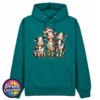Three Christmas cows tangled in colourful lights, one wearing a Santa hat and another holding a candy cane, printed on a classic hoodie in pacific - Print Unleashed