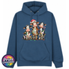 Three Christmas cows tangled in colourful lights, one wearing a Santa hat and another holding a candy cane, printed on a classic hoodie in petrol - Print Unleashed