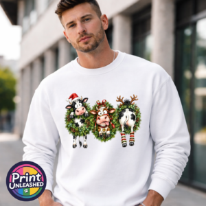Three Christmas cows in festive wreaths, one wearing a Santa hat and another facing backwards with antlers and striped leg warmers, printed on a white unisex sweatshirt male model - Print Unleashed