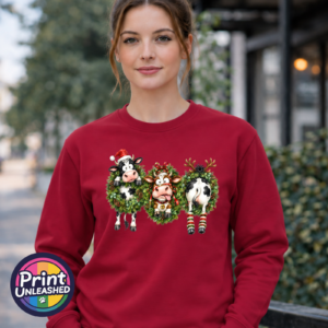 Three Christmas cows in festive wreaths, one wearing a Santa hat and another facing backwards with antlers and striped leg warmers, printed on a cherry red unisex sweatshirt female model - Print Unleashed