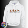 Four dachshunds dressed as Santa, a reindeer, an elf and a snowman above Dachshund Through the Snow wording, printed on a white unisex hoodie - Print Unleashed