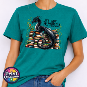 Black dragon guarding stacks of colourful books surrounded by curling green vines, with It’s Not Hoarding If It’s Books wording, printed on a unisex T-shirt jade model - Print Unleashed