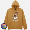 Duck wearing a copper-orange bobble hat and scarf on a softstyle hoodie in mustard - Print Unleashed