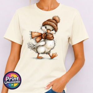 Duck wearing a copper-orange bobble hat and scarf on an off-white unisex T-shirt model image - Print Unleashed