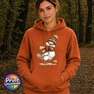 Duck wearing a copper-orange bobble hat and scarf on a softstyle hoodie model - Print Unleashed