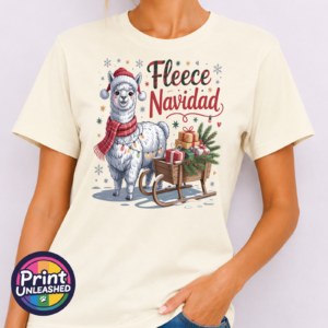 Fleece Navidad Llama model Christmas llama wearing a red knitted hat, tartan scarf and fairy lights beside a gift-filled sleigh, with Fleece Navidad wording on an off-white unisex T-shirt model - Print Unleashed