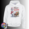 Christmas llama wearing a red knitted hat, tartan scarf and fairy lights beside a gift-filled sleigh, with Fleece Navidad wording on a white unisex hoodie - Print Unleashed