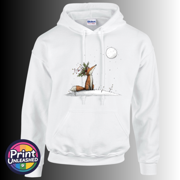 Fox & Moon hoodie Fox wearing a crown of holly and berries gazing at a full moon from a snowy hill, printed on a white unisex hoodie - Print Unleashed