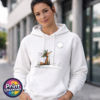 Fox wearing a crown of holly and berries gazing at a full moon from a snowy hill, printed on a white unisex hoodie female model - Print Unleashed