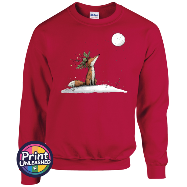 Fox & Moon sweat Fox wearing a crown of holly and berries gazing at a full moon from a snowy hill, printed on a cherry red unisex sweatshirt - Print Unleashed