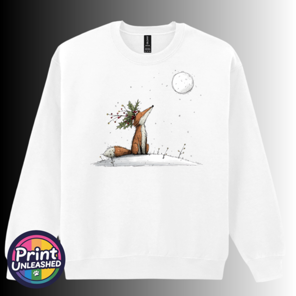 Fox & Moon sweat Fox wearing a crown of holly and berries gazing at a full moon from a snowy hill, printed on a white unisex sweatshirt - Print Unleashed