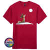 Fox wearing a crown of holly and berries gazing at a full moon from a snowy hill, printed on a cherry red premium unisex T-shirt - Print Unleashed