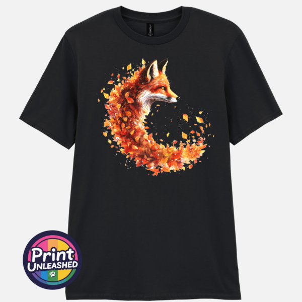 Fox in profile with its russet fur blending into a sweeping curve of orange, red and golden autumn leaves printed on a unisex T-shirt black - Print Unleashed
